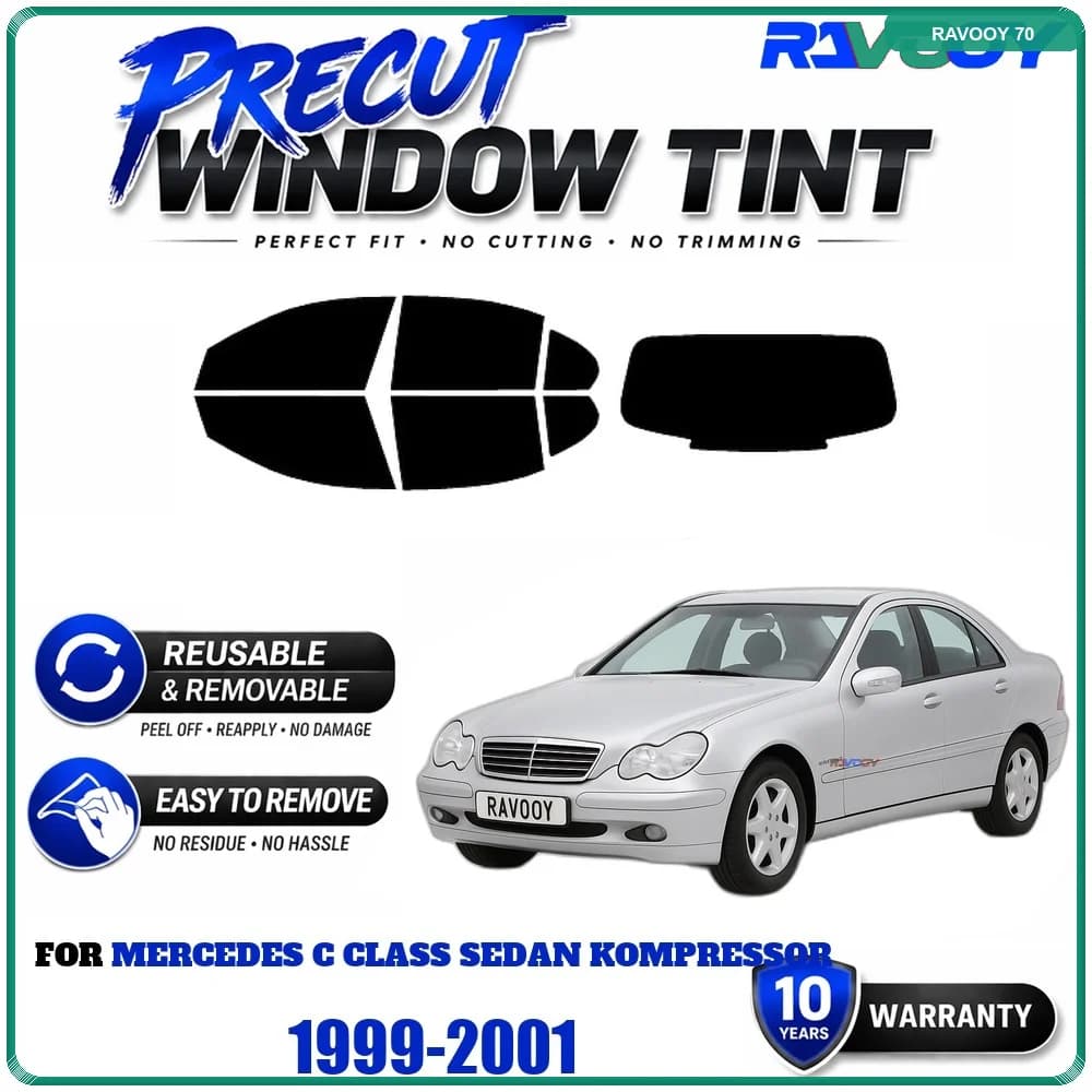 Precut Window Tint, Reusable Removable EPU Film, Custom Fit for Mercedes C Class Sedan Kompressor 1999-2001, UV Heat Protection
