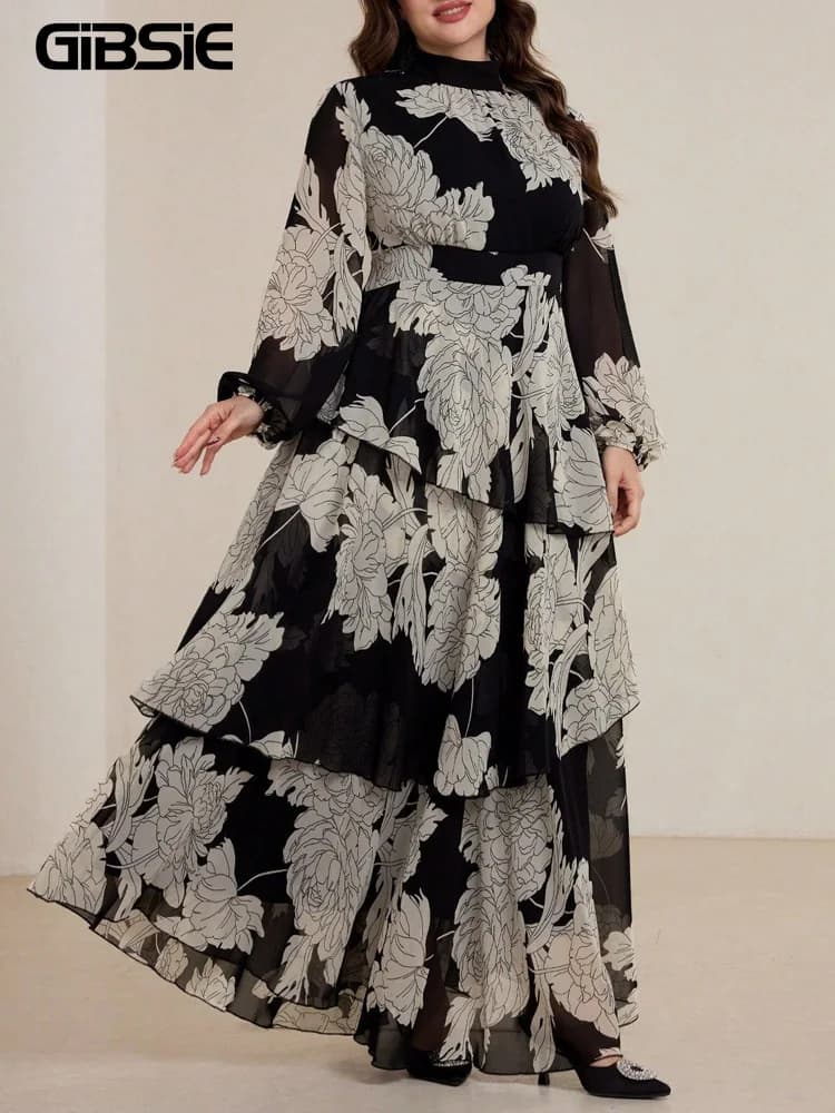 GIBSIE Abito Elegante Taglie Forti con Collo Alto Stampato, Primavera 2026, Nuovo Vestito Lungo a Vita Alta con Maniche Lunghe e Orlo a Strati