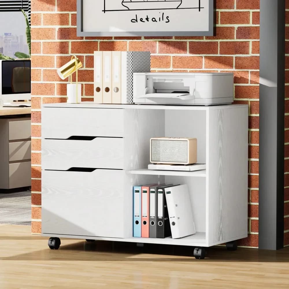 Mobiletto Archivio a 3 Cassetti con Ruote, Supporto Stampante e Organizzatore Ufficio con Ripiano Regolabile