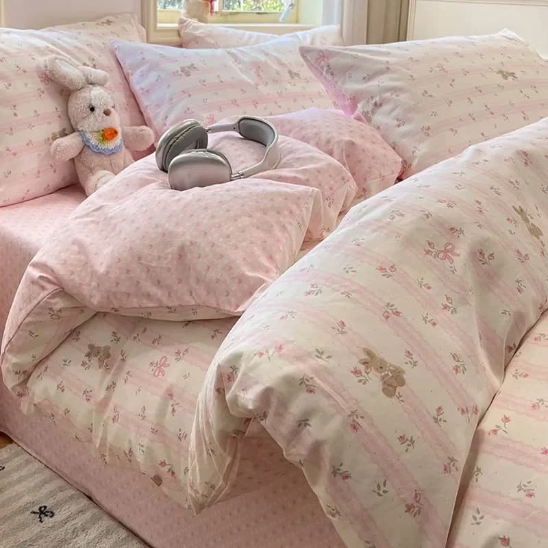 Cute Pink Bear Bedding Set Soft Kids Adult Single Double Queen Size Duvet Cover Flat Sheet Pillowcase Home Totel Bed Linens