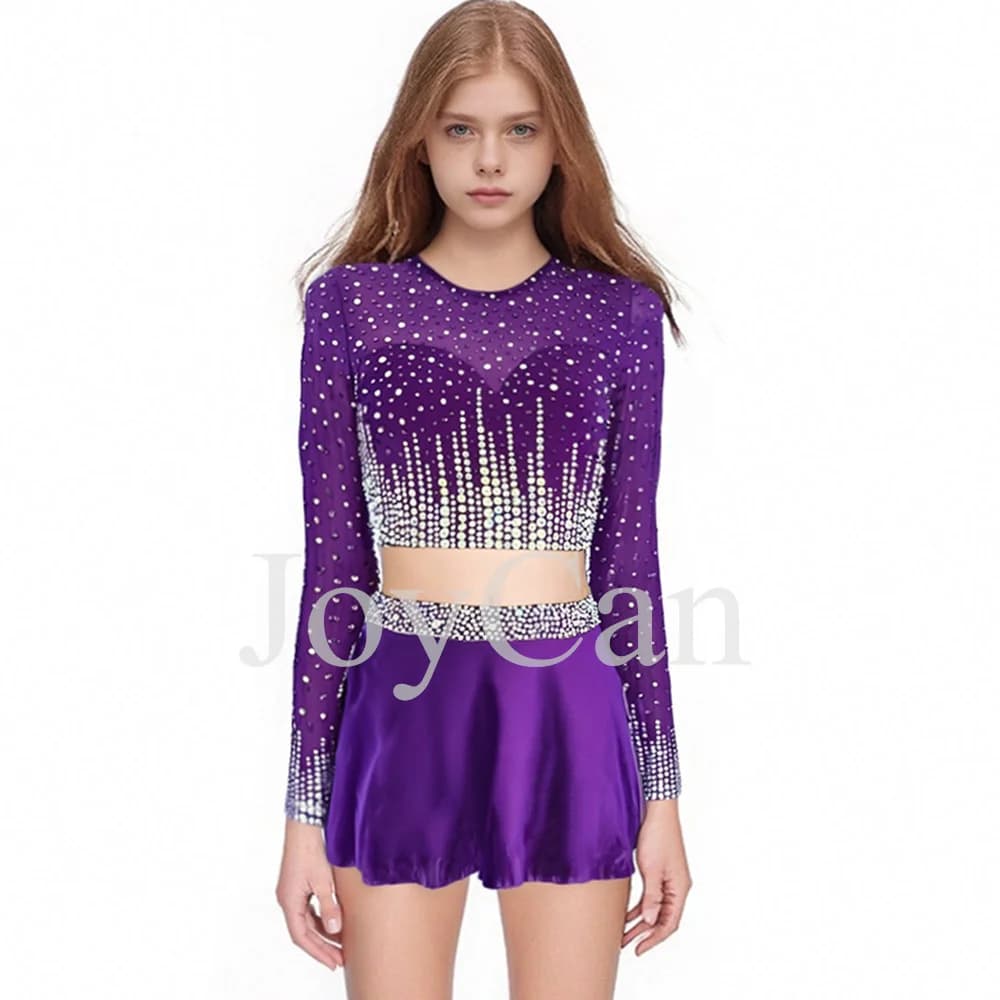 JoyCan Abito da pattinaggio artistico su ghiaccio per ragazze Viola Spandex Elastico da competizione Abbigliamento da ballo personalizzato