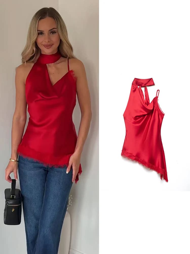 TFMLN Top da Donna in Pizzo con Scollo all'Americana, Orlo Asimmetrico, Senza Maniche, in Raso, Nuova Collezione Primavera, Casual, Tinta Unita, per Feste