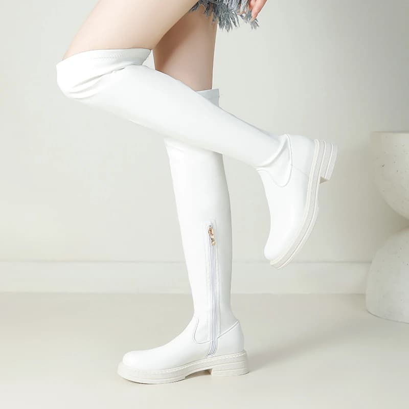 Pianura Bianco Nero Punta tonda Casual Donna Scarpe sopra il ginocchio Scarpe invernali con tacco basso quadrato Stivali lunghi elasticizzati sopra il ginocchio con cerniera