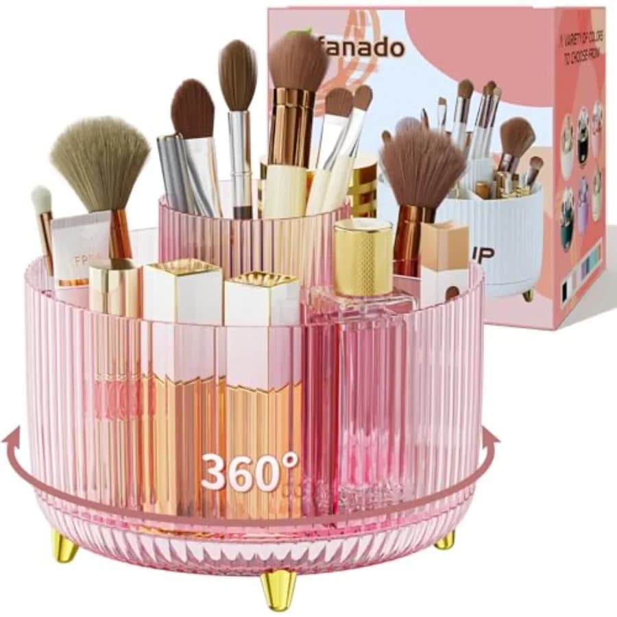 Organizzatore Girevole Trasparente per Trucchi da Comodino, Rotazione a 360° ° Organizzatore porta pennelli da trucco con 5 scomparti, trasparente Cosm