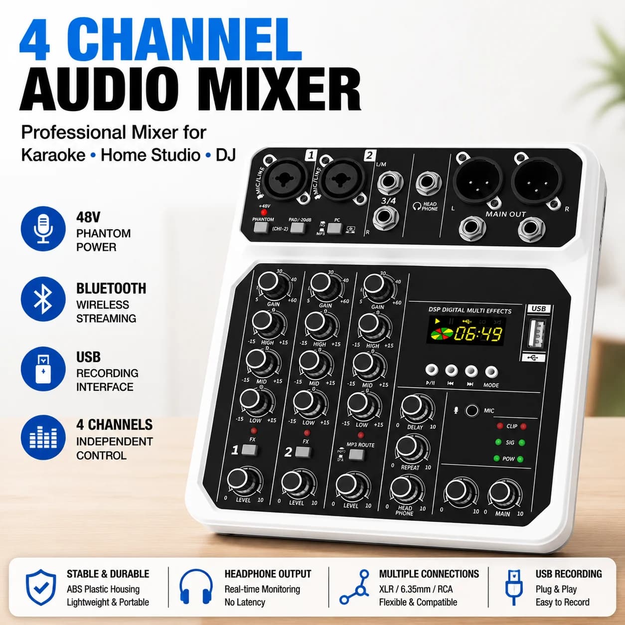 4 Channel Audio Mixer with Bluetooth 48V Phantom Power USB Audio Interface Recording Karaoke DJ Studio Console