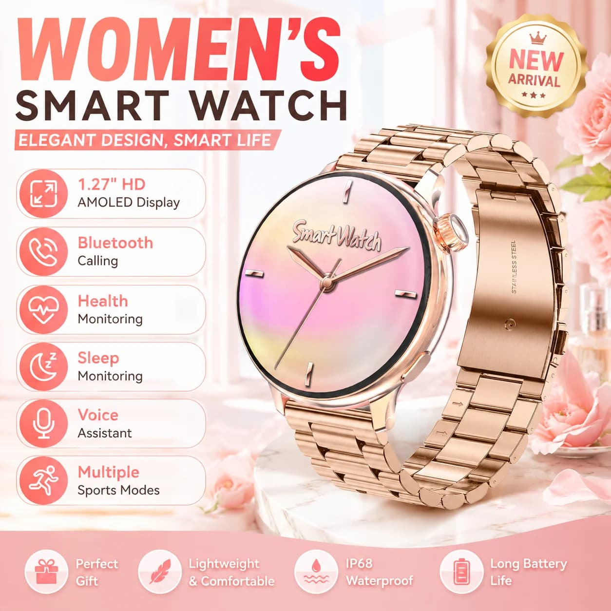 LIGE New 1.27''HD Screen Women Smartwatch Bluetooth Call Sports Watch Women's Health Monitor Ladies Smart Watch For Android ios