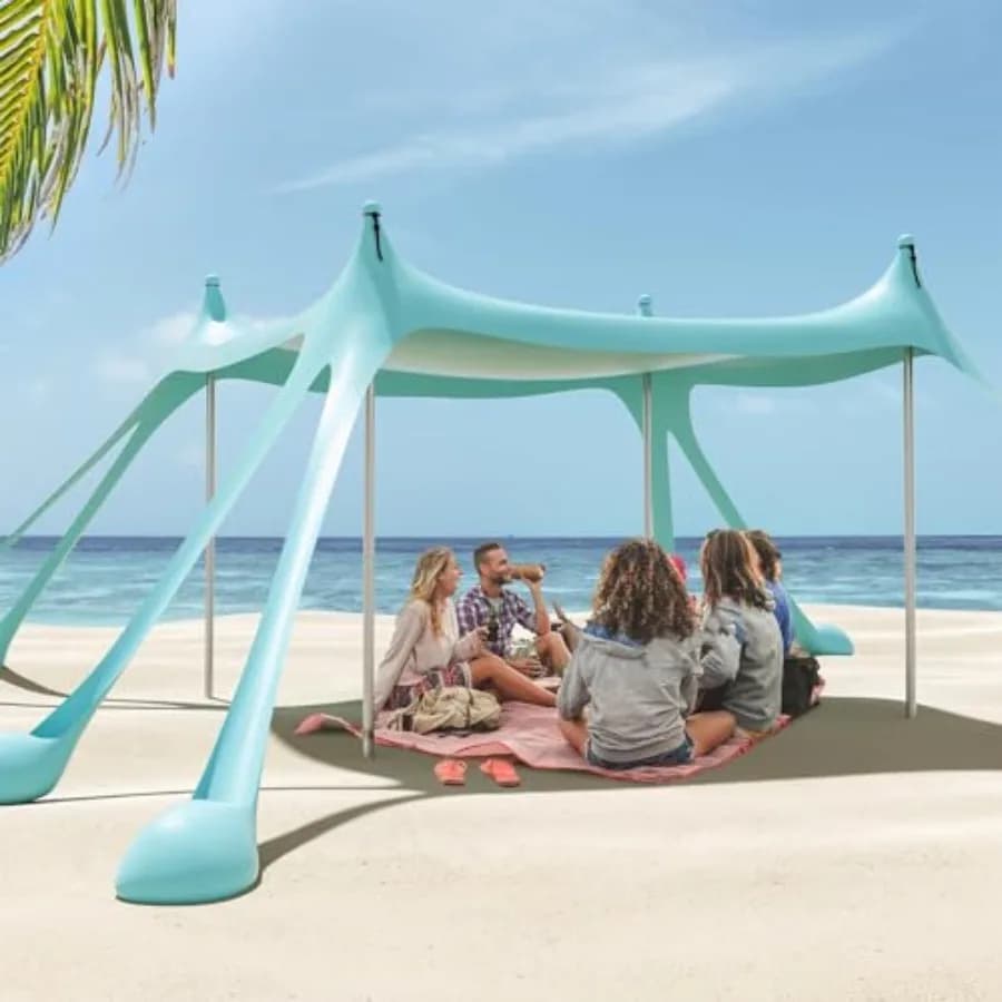 Tenda da Spiaggia con 8 Sacchi di Sabbia, 4 Pali in Alluminio, Riparo Solare Portatile Pop-Up per Campeggio, Facile da Montare con 2 Palette per Sabbia