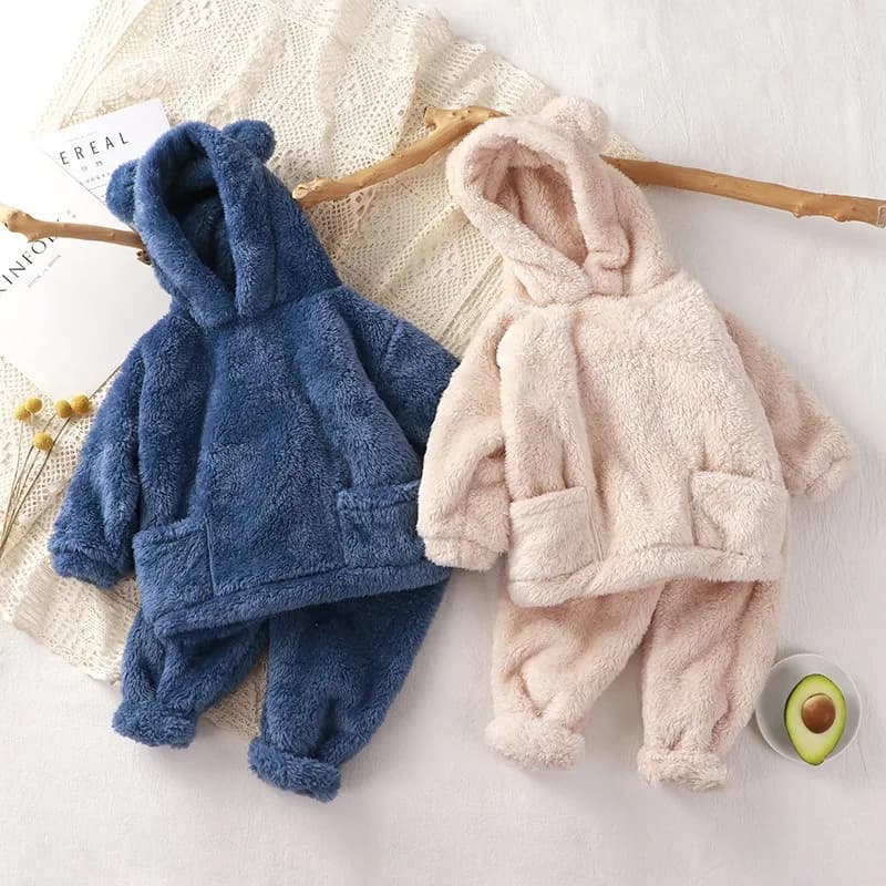 Bellbell Winter Kids Boys Outfits Ear Hooded Zipper Coat for Infant Babys Boys Thick Velvet Toddler Boys Pants 2PCS Pajamas Set