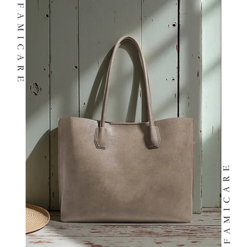 Solid Color Split Leather Handbags Lady Sleek Minimalist Shoulder Bag Women Versatile Business Office Daily Commute Tote Bag