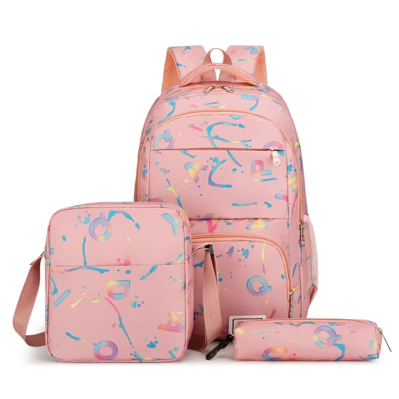 Fashion 3 Pieces School Bag Set Colorful Graffiti Letter Print Backpack + Shoulder Bag + Pencil Case For Teen Girls Daily Use