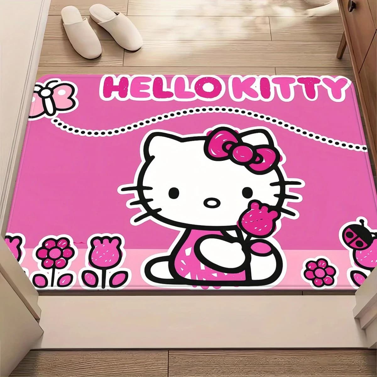 1 tappetino assorbente antiscivolo Sanrio Hello Kitty - Tappetino in poliestere lavabile in lavatrice con grazioso design floreale e a farfalla, rosa