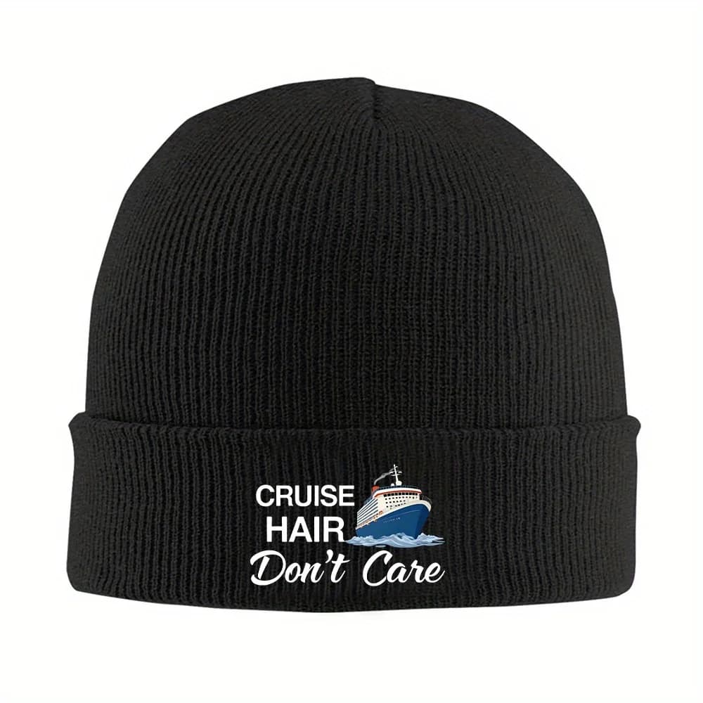 1pc Cruise Hair Don't Care Knitted Beanie Hat Lightweight Warm Winter Skull Cap with Cruise Ship Graphic Black Keep Warm