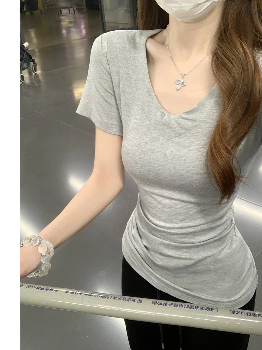 Slim Fit V-Neck Short Sleeve T-Shirt Pure Color Spring Summer Korean Style Women's Fashion Top Casual Comfortable Breathable