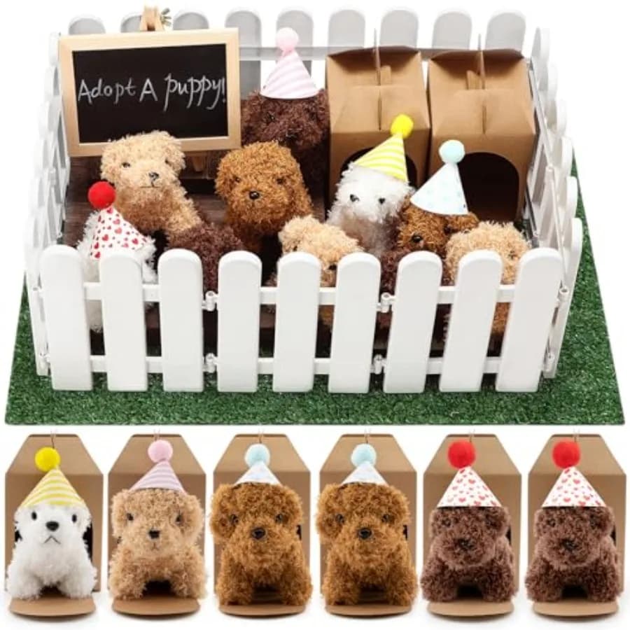 Set di 56 Pezzi per Festa 'Adopt A Puppy' con Mini Peluche, Include 14 Mini Cani, Cappellini di Compleanno, Recinzione in Plastica Bianca con Ar