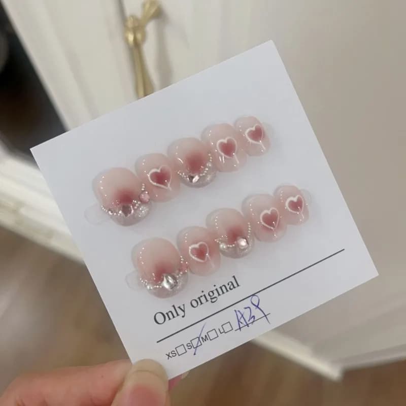 10 Pieces Summer French Short Handmade Press On Nails Blush Love Hearts Stars Glitter Art Fake Nails Removable Reusable