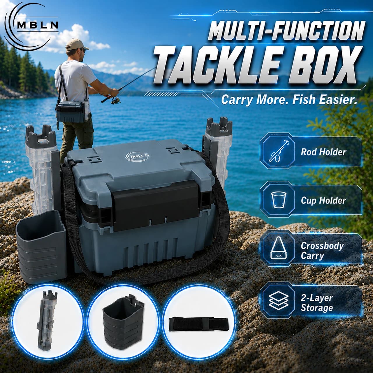 Multifunction Fishing Tackle Box 2-Layer Storage Organizer with Rod Holders Cup Holder Adjustable Dividers Portable