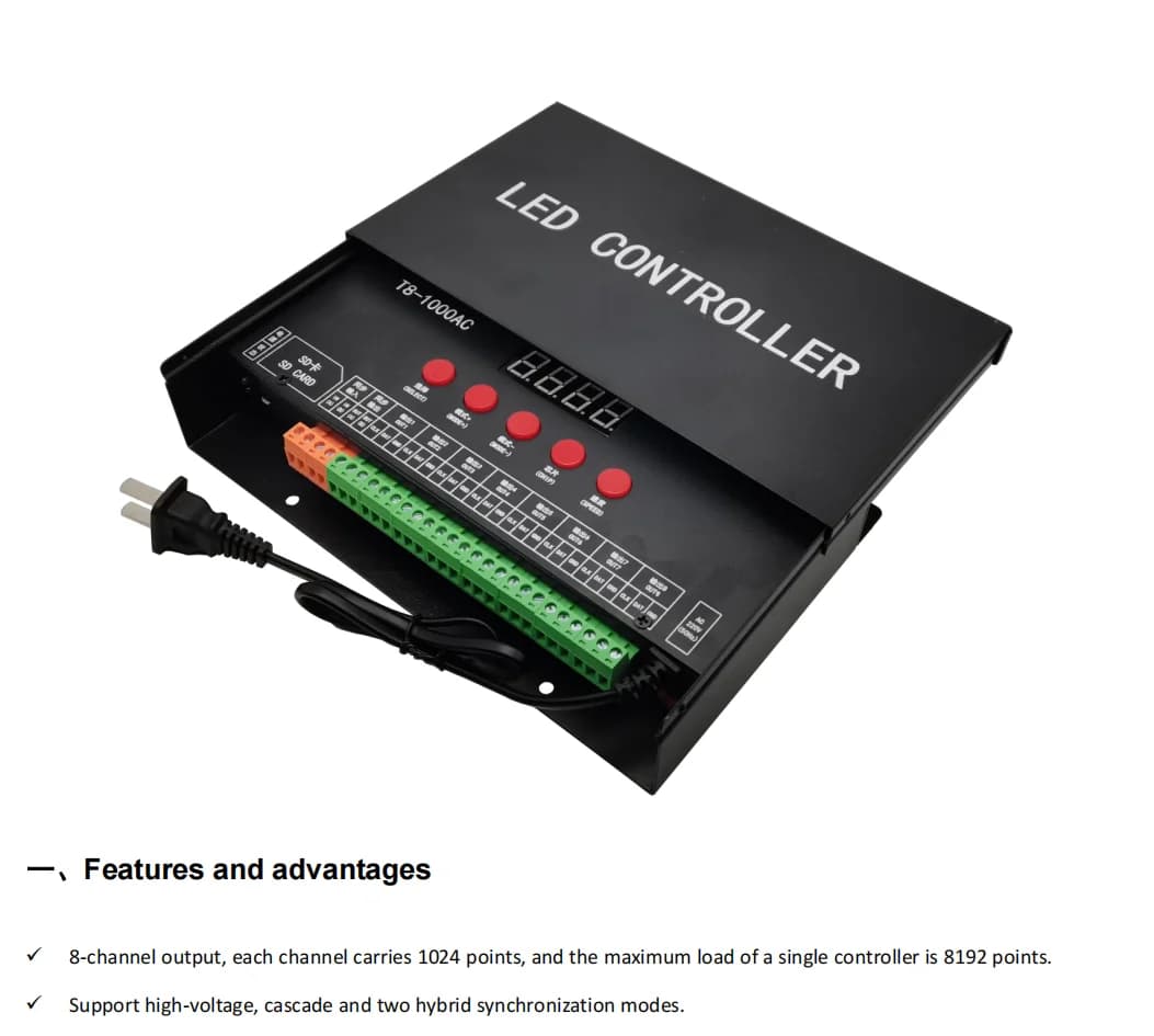 Controller LED Programmabile T8-1000AC a 8 Canali con Dimmer Digitale e Scheda SD per Luci Neon Indirizzabili WS2812 SK6812