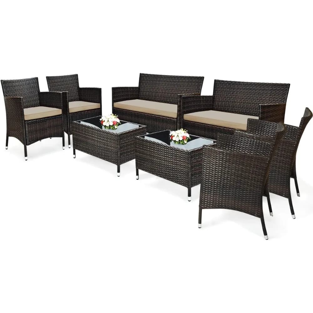8PCS Rattan Patio Furniture Set with Cushioned Chairs and Coffee Table for Outdoor Spaces