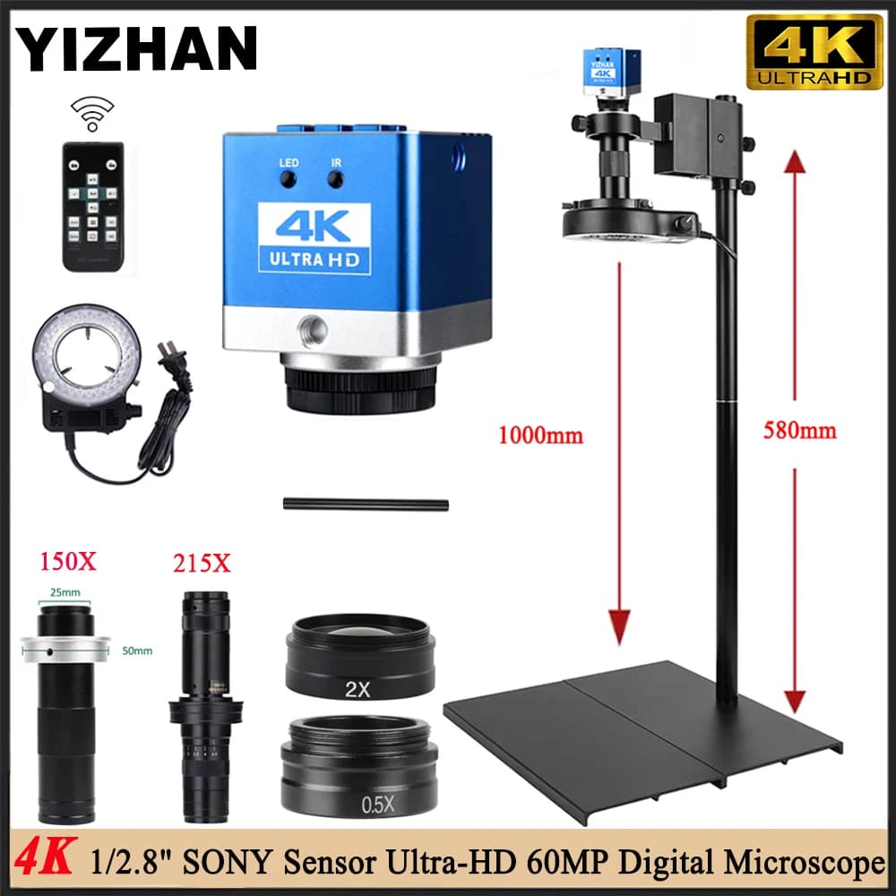 YIZHAN 4K Ultra-HD 60MP Microscopio digitale HDMI Tipo-C Fotocamera industriale 215X 150X 2.0X 0.5X Obiettivo per saldatura PCB/Riparazione telefono