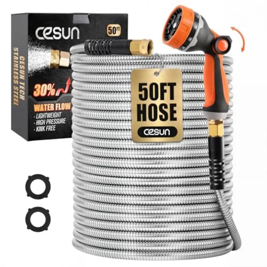 50 ft Metal Garden Hose, Stainless Steel Heavy Duty Water Hose With 10 Function Nozzle, No Kink and Flexible, Lightweight and D