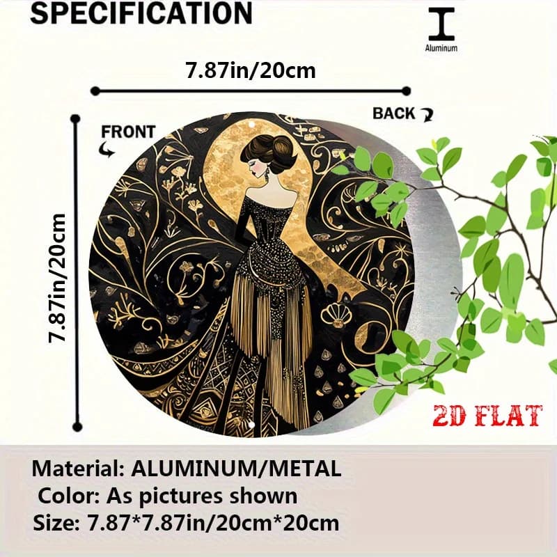 Aluminum disc, decorated with an elegant lady in a bead-woven dress design, frame-style indoor wall hanging decoration.