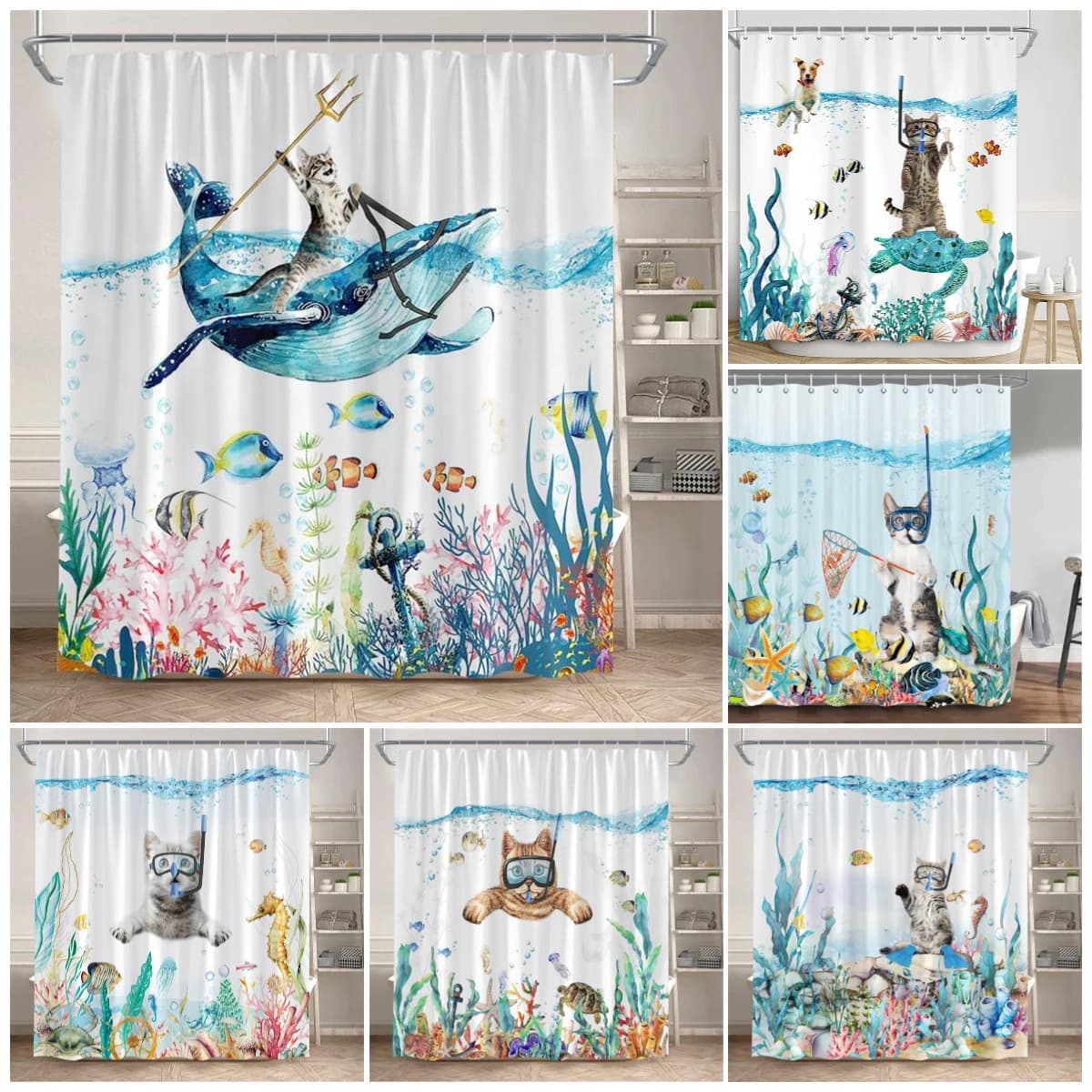 Divertente Tenda Doccia con Gatto Subacqueo, Balena, Tartaruga Marina, Cavalluccio Marino, Pesci, Coralli, Animali Oceanici, Scenari Subacquei, Decorazione Bagno per Bambini