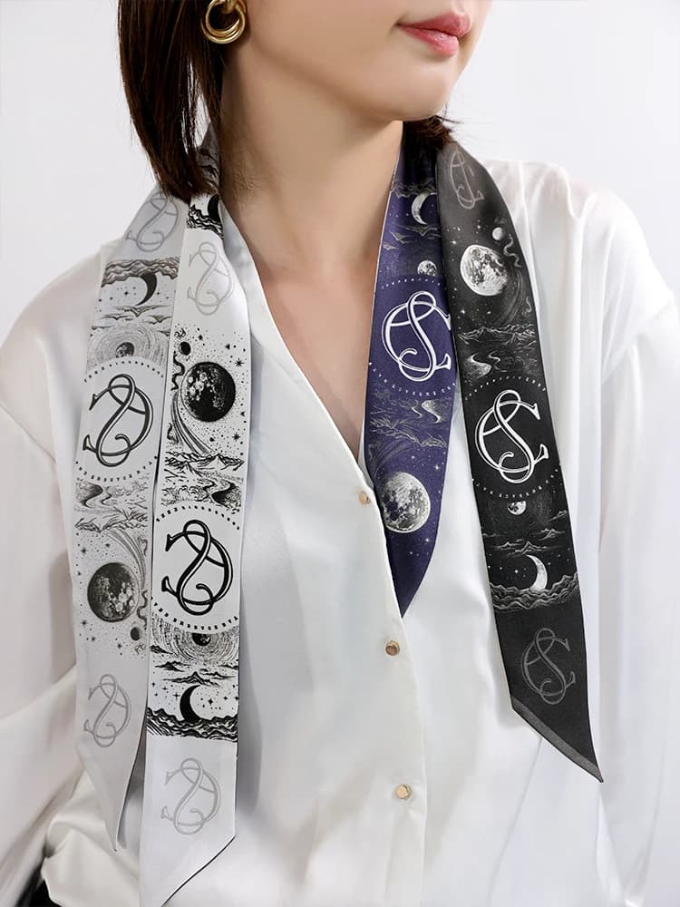 KALIIYA Original Planet Silk Sash Double-Sided Silk Scarf Women's Black White Grey Versatile Special Edition