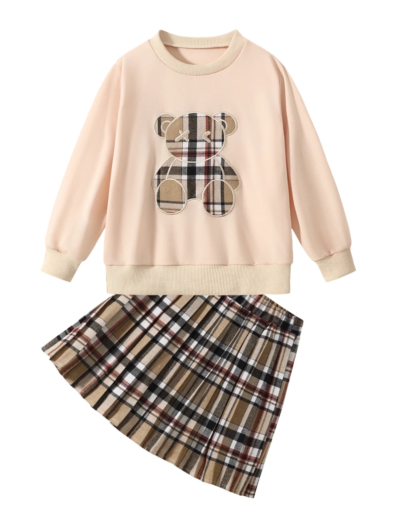 Set gonna con cappuccio per ragazze, confezione da 2, design scozzese con stampa di cartoni animati, autunno inverno, comfort casual, abbigliamento da gioco, moda per bambini