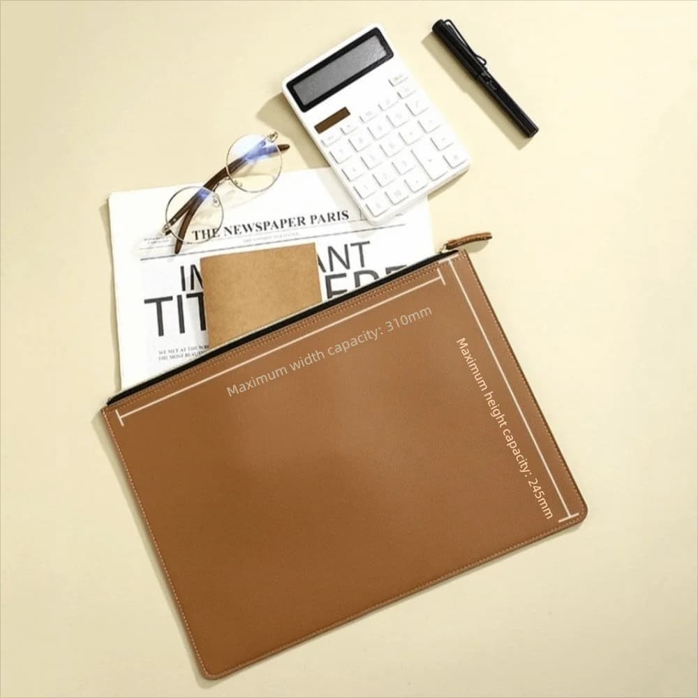 PU Leather A4 File Folder Waterproof Zipper Bag Document Bag Large Capacity Multiple Colors File Storage Clip Conference