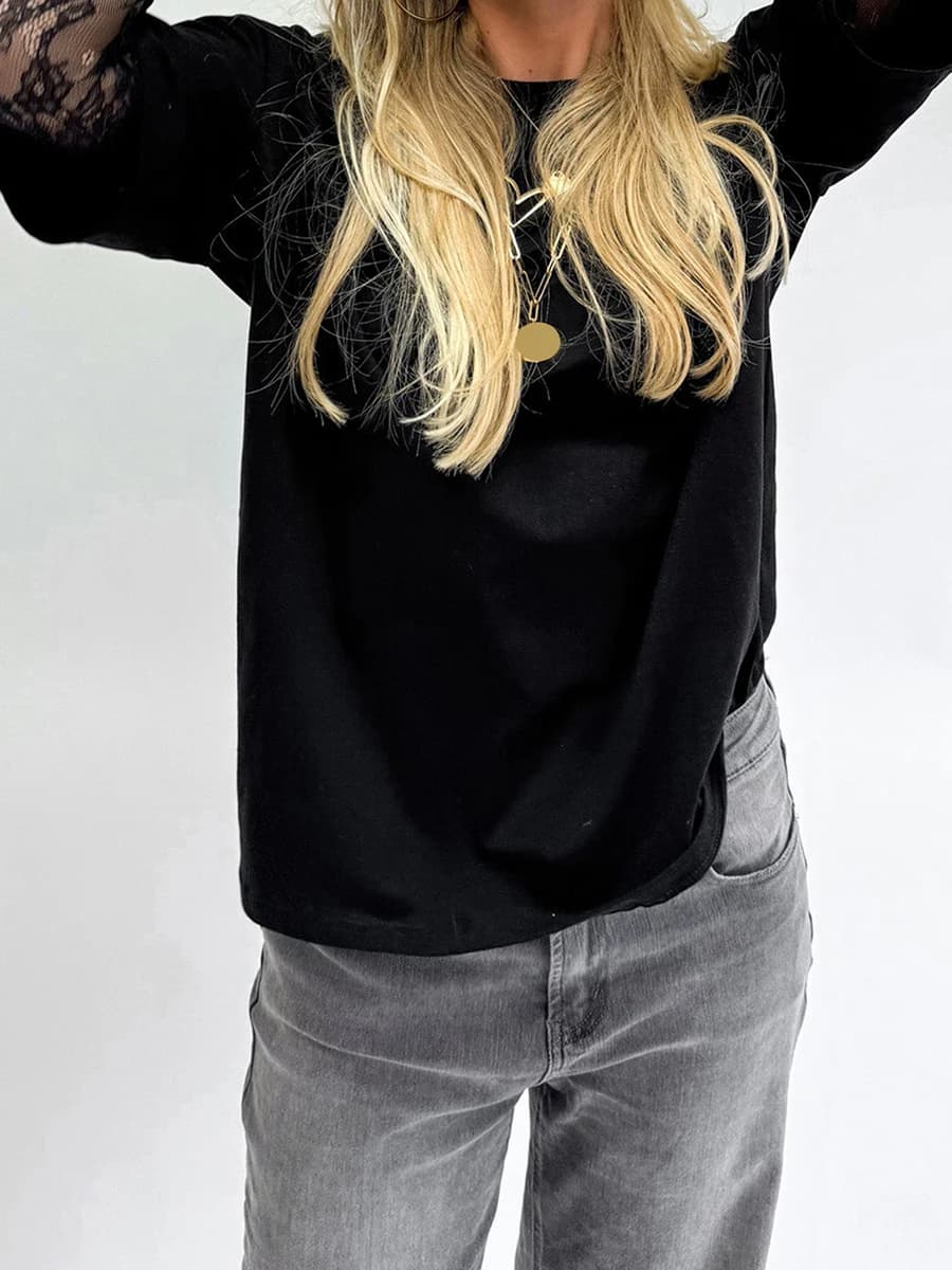 Nuove donne di moda girocollo T-shirt in pizzo manica lunga camicie casual primavera autunno top larghi streetwear SML