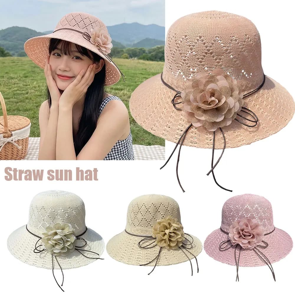 Cappello da Sole Casual alla Moda, Elegante e Dolce, Cappello da Spiaggia con Protezione Solare, Cappello a Secchiello con Fiori, Cappello di Paglia da Donna a Tesa Larga, Pieghevole per Esterni