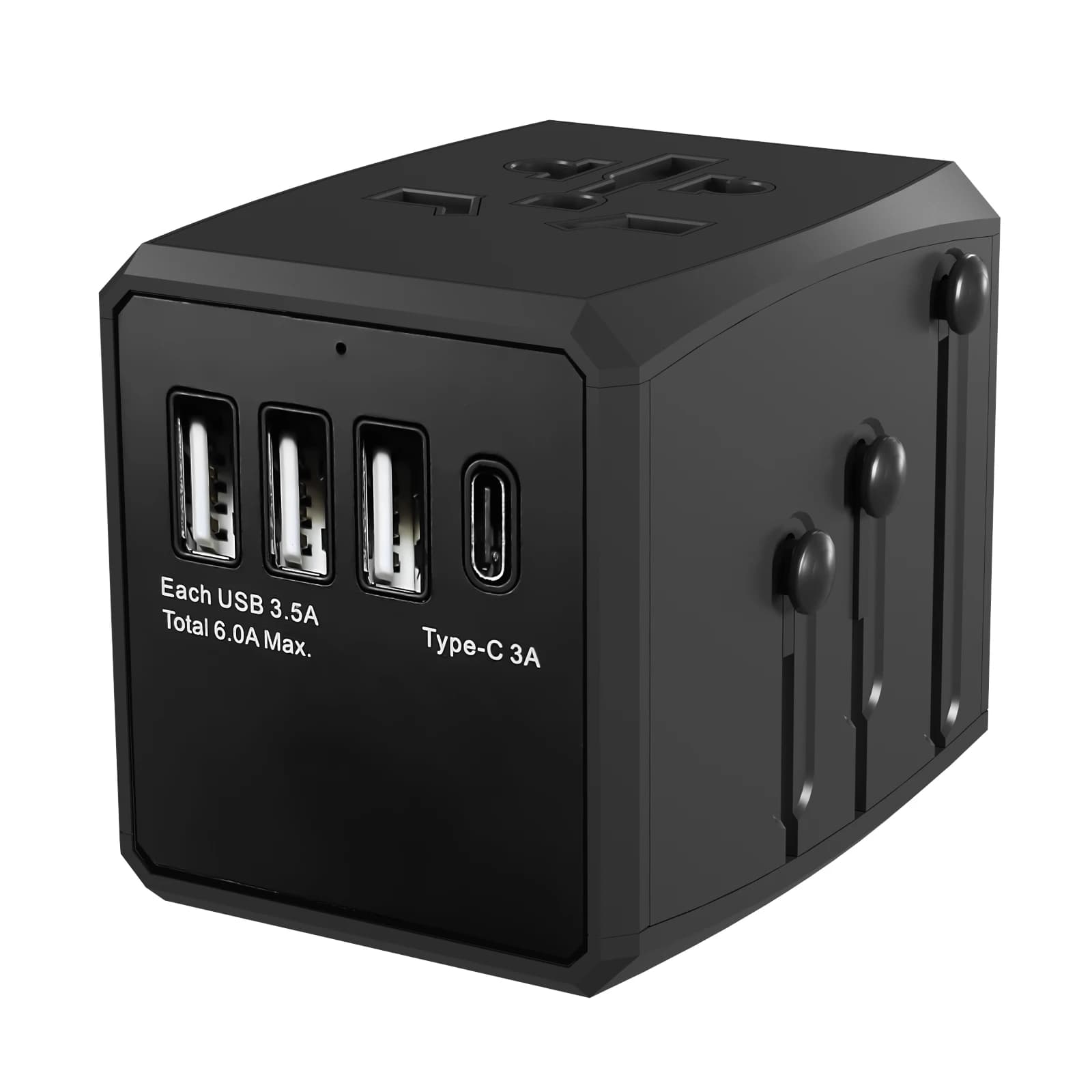 Intelligent power adapter with universal travel socket 3 USB-A and 1 USB-C type port quick charger for travel wall sockets USA EU UK Australia