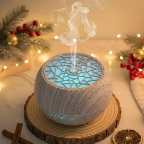 Diffusore di Oli Essenziali e Umidificatore da 550ml con Effetto Legno e Telecomando, 7 Luci LED d'Atmosfera per Benessere Domestico e Aromaterapia