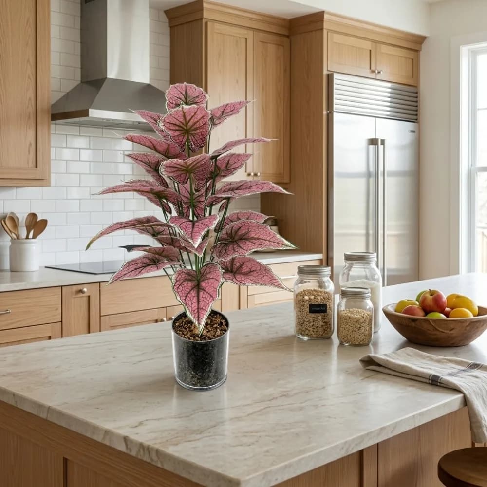 1PC 24Leaves Pink Caladium Leaves Artificial Greenery Plants Clear Texture and Realistic Look for Wedding Romantic Atmosphere