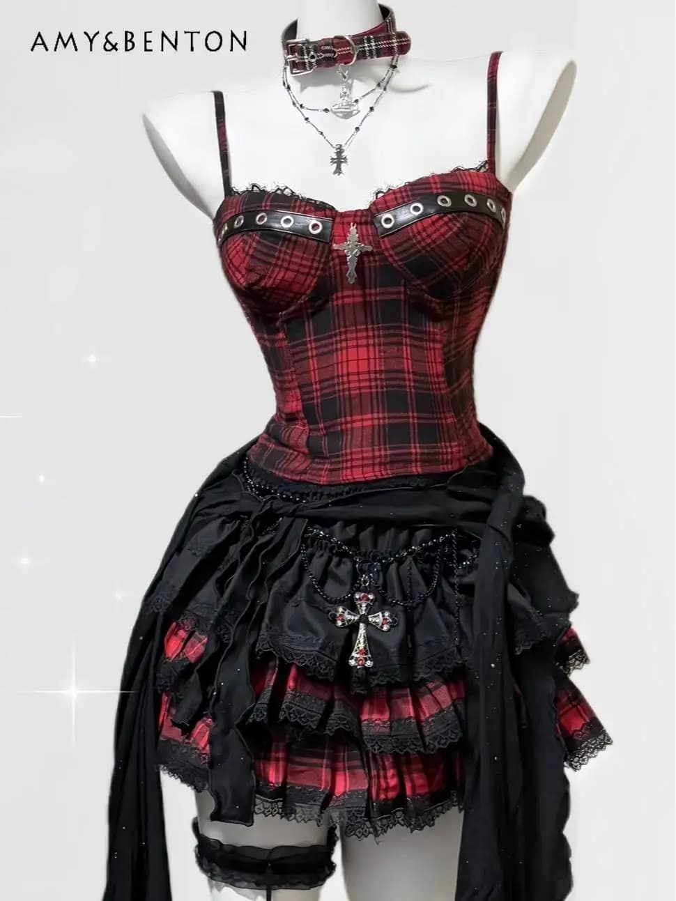 Goth Spice Girls Croce Bead Plaid Fibbia in pelle Reggicalze Crop Vest Top Y2K Tutu Gonna Set a due pezzi Sottocultura Y2K Abiti