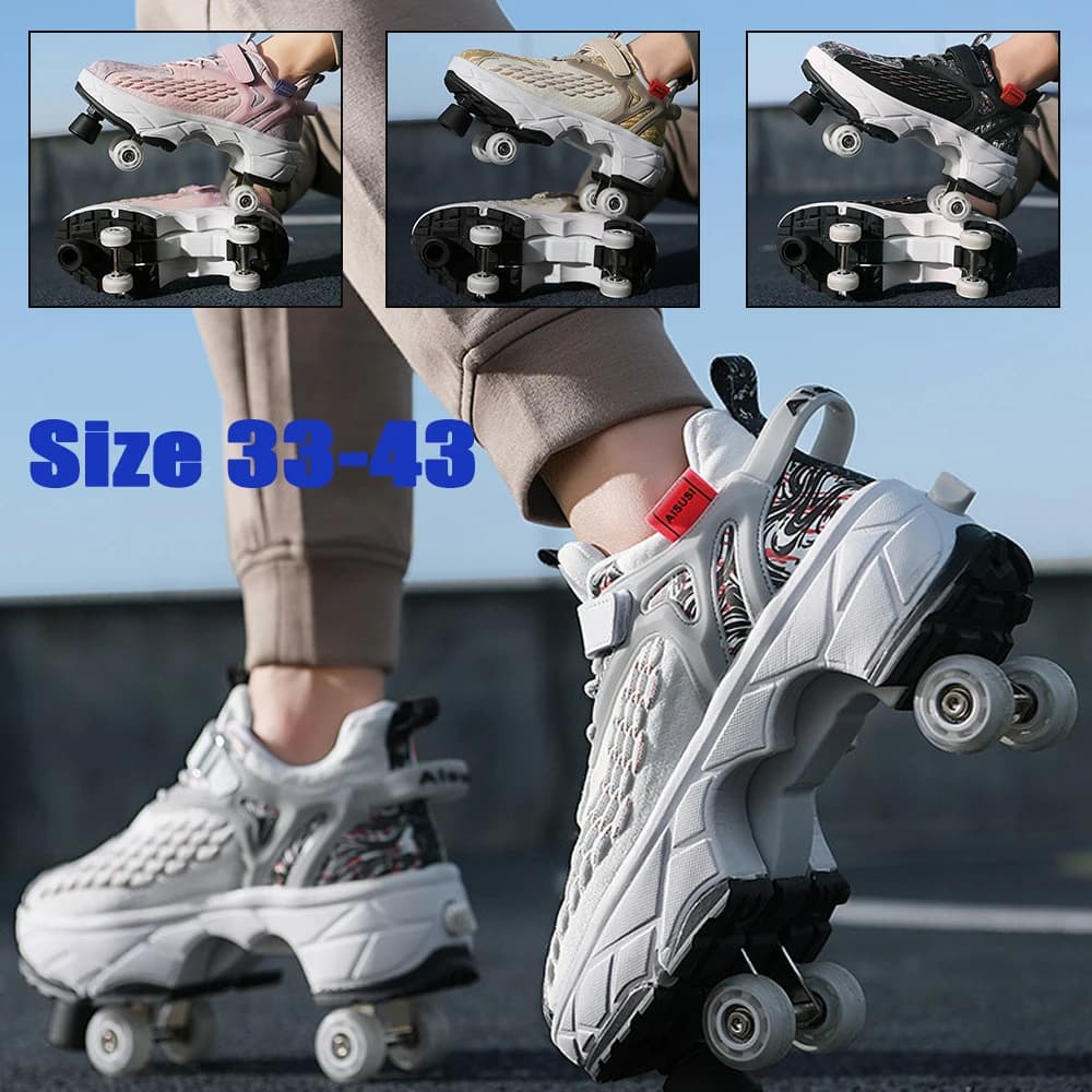 Taglia 33-43 Scarpe da ginnastica a rotelle Scarpe da deformazione Pattini a rotelle a doppia fila Pattinaggio all'aperto 4 ruote Scarpe per adulti Ragazzi Ragazze Parkour