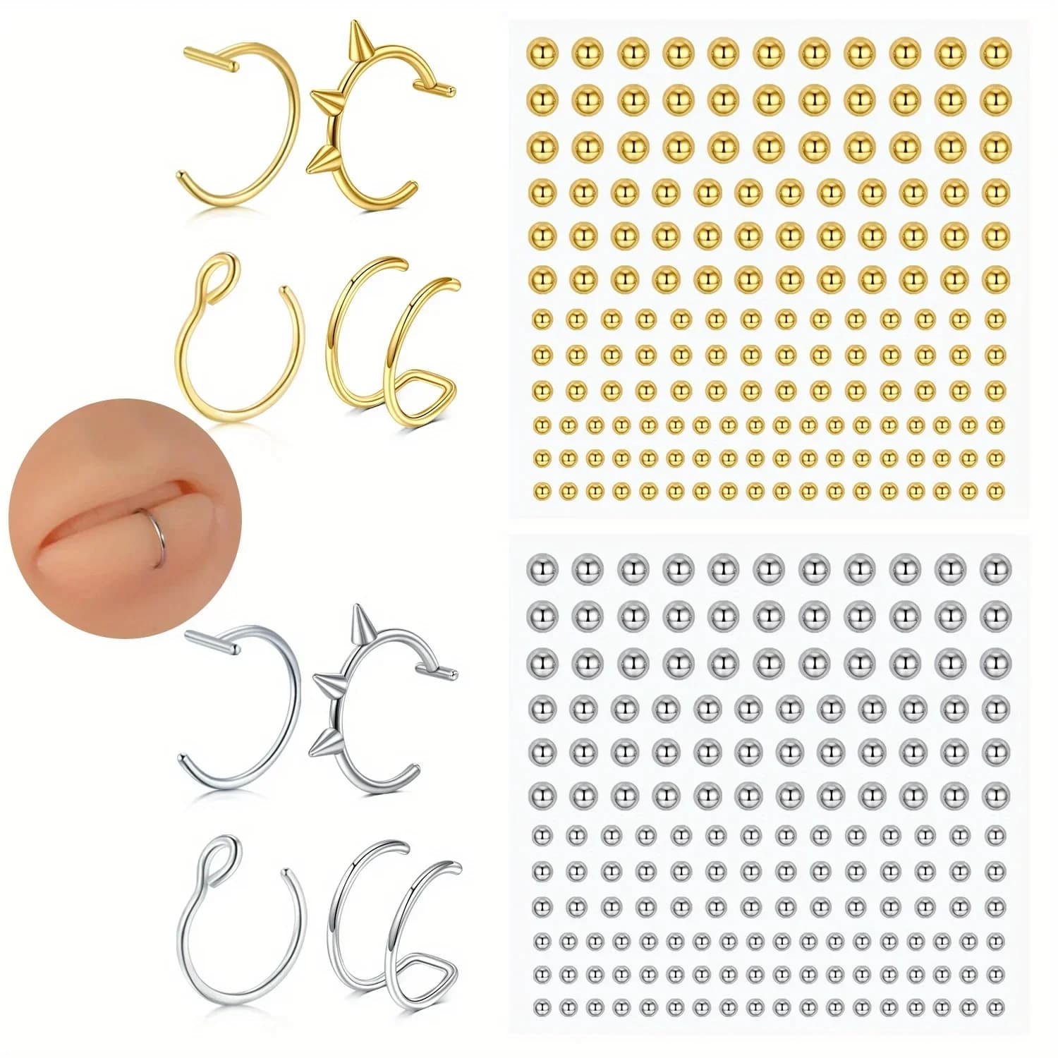 Set di Gioielli Finti per Piercing, Anelli per Labbra, Sopracciglia e Naso, Multiuso, Senza Foratura, per Donne e Uomini
