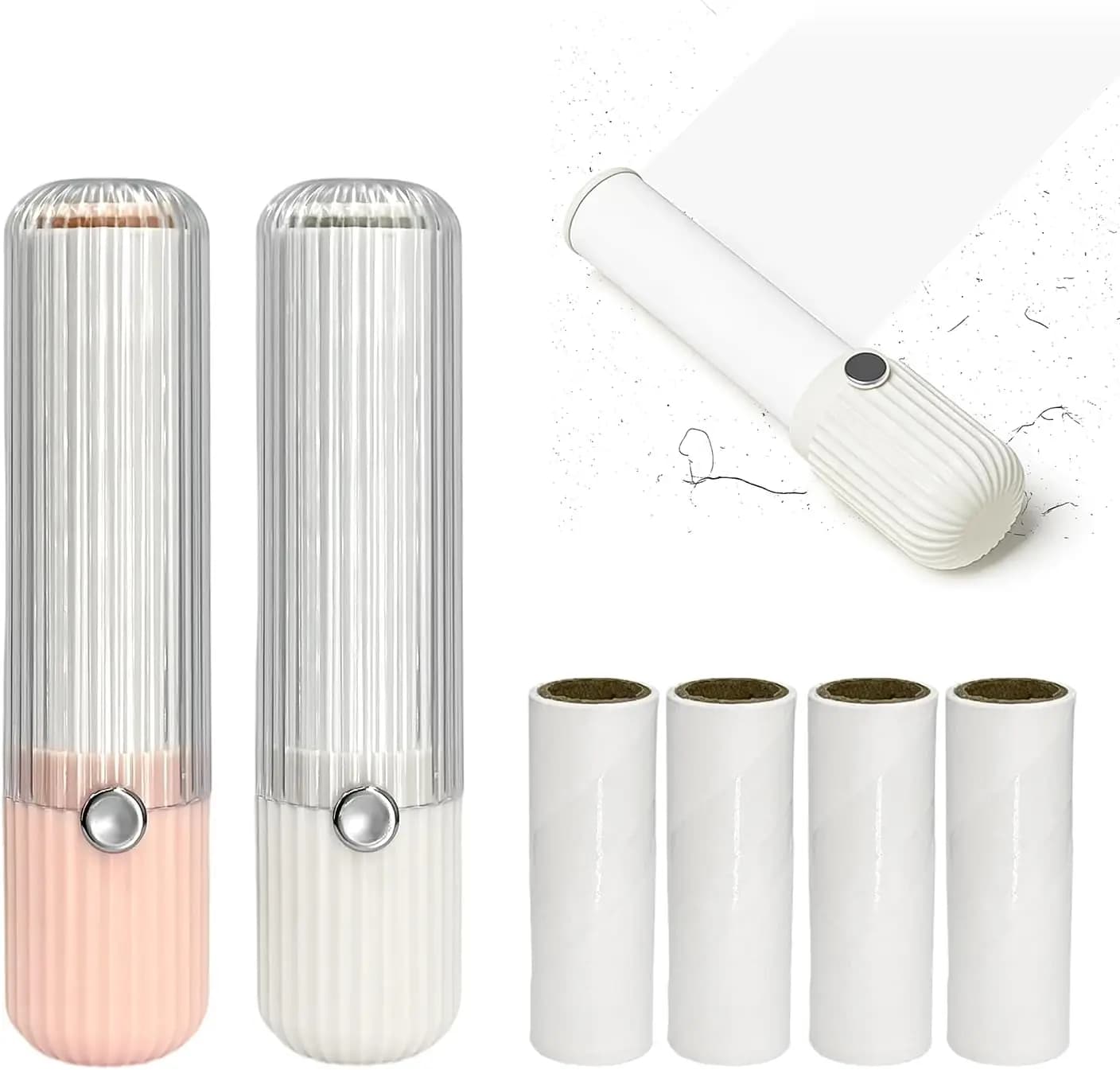 Mini Rullo Levapelucchi con 6 Ricariche - Rimuovi Peli e Polvere Portatile per Vestiti, Mobili, Viaggi (Rosa e Bianco)