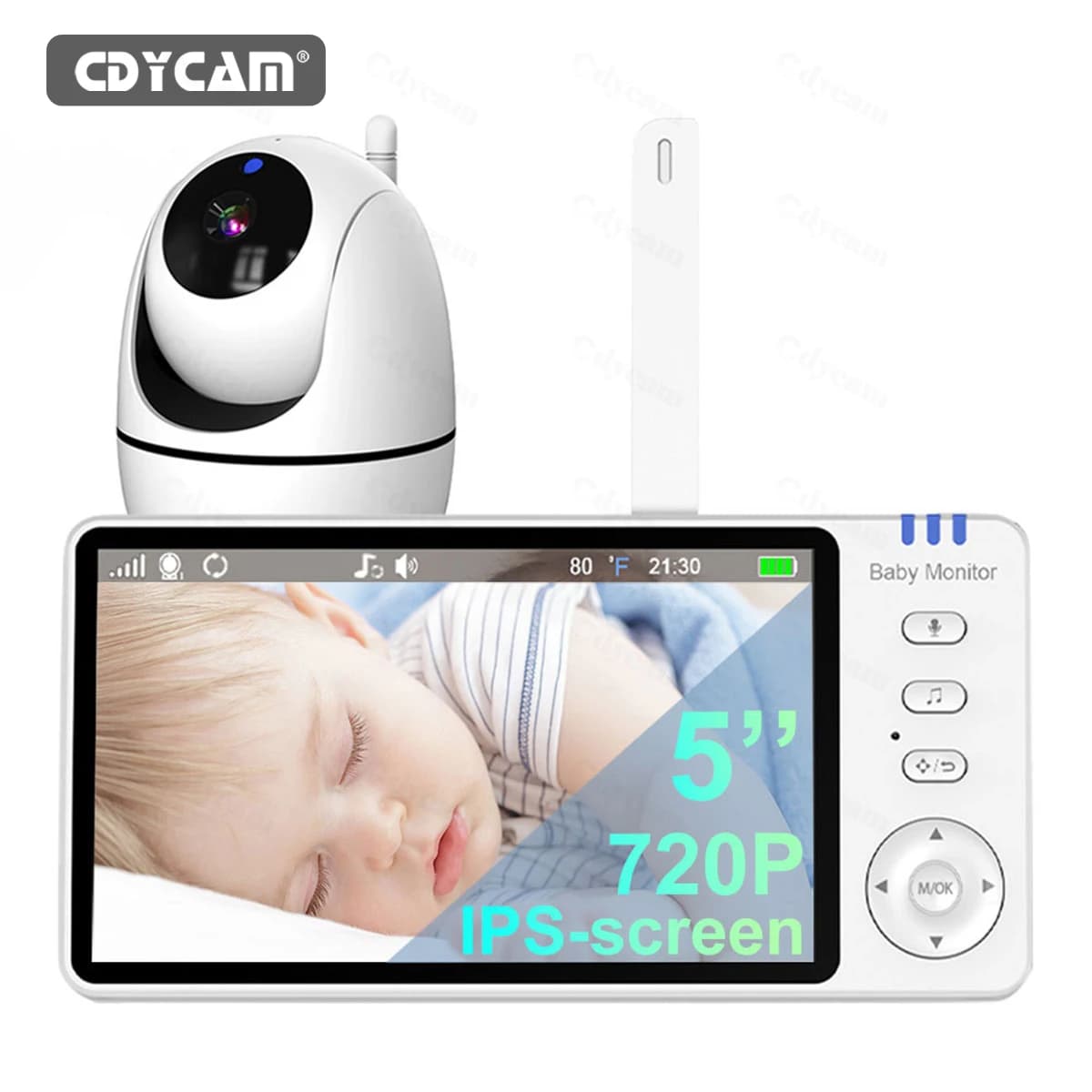 Monitor per Bambini 5'' con Visione Notturna, Telecamera di Sicurezza PTZ Senza WiFi, Audio Bidirezionale, Videocamera di Sorveglianza con Temperatura e Ninna Nanna