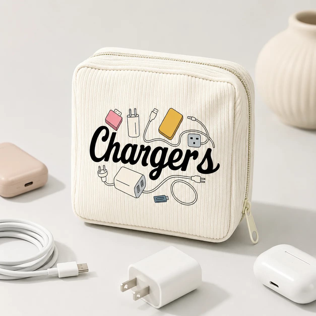 Charger Organizer Bag Soft Corduroy Cable Case Travel Electronics Accessories Storage Pouch USB Adapter Earphone Carrying Case