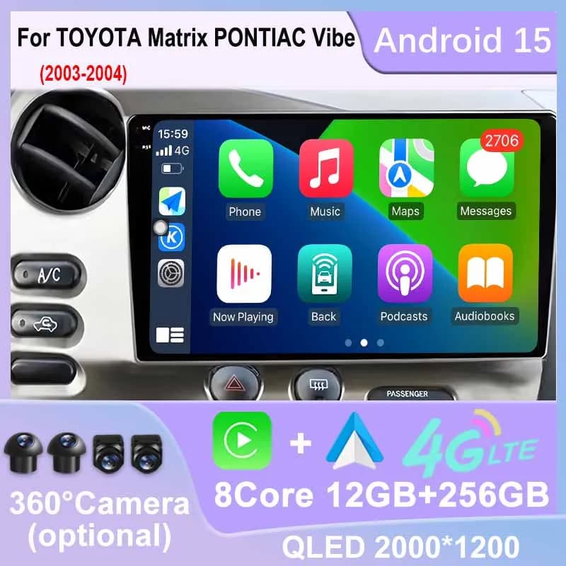 Android 15 Car Radio For TOYOTA Matrix PONTIAC Vibe 2003 - 2004 Audio CarPlay GPS Navigation Bluetooth WIFI 4G 360 Camera