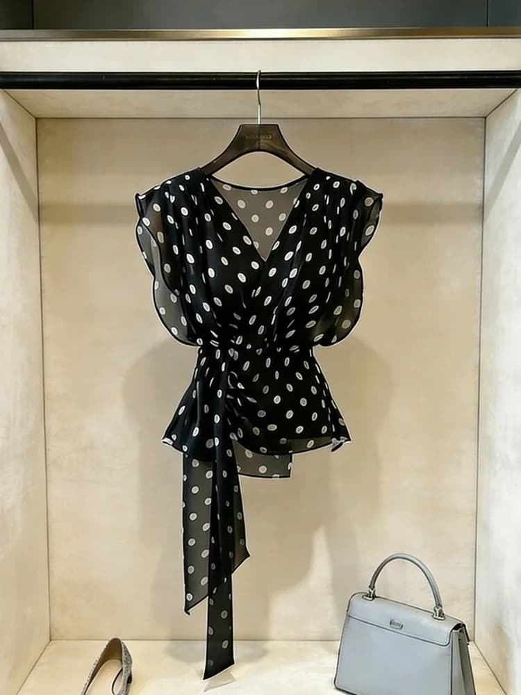Dot V-neck Chiffon Blouse Women's Fashionable Sleeveless Shirt Tie Belted Flying Sleeve Mesh Top Korean Style Commute Wind