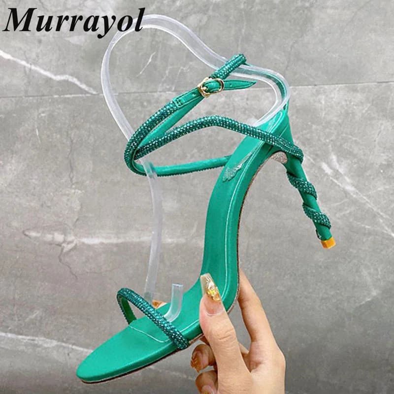 Sandals Snake Shaped Elastic Strap Thin High Heels Women Rhinestone Butterfly Knot Decor One Strap Sandalias Summer Dress Shoes
