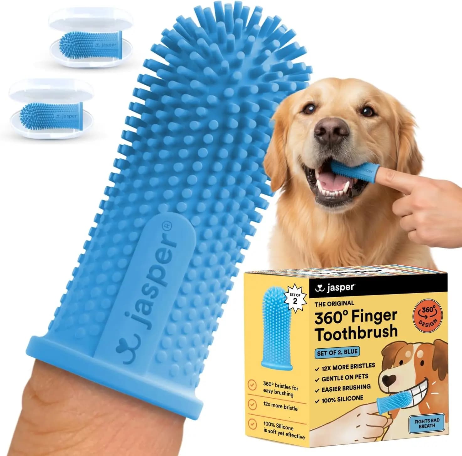 Jasper dog toothbrush, 360° tooth cleaning kit, finger brush, cat toothbrush, tooth cleaning, small and large size pet toothbrush, pet toothbrush not included, 2 pack, blue