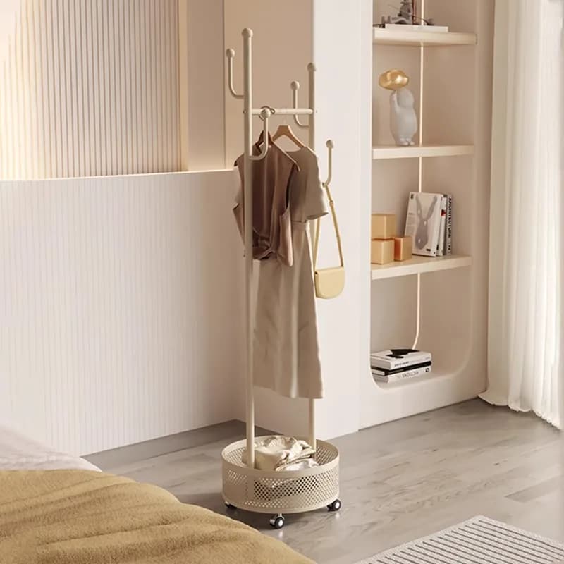 Floor hangers for bedroom, small clothes hangers removable from bedside table for the house, does not occupy a coat rack with basket for dirty clothes and wind cream color