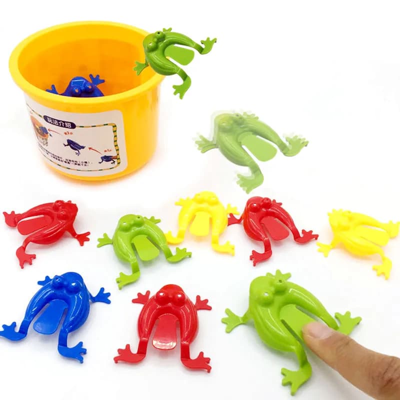 12Pcs Jumping rane Bounce Fidget Toys novità Action Figures rana con secchio antistress giocattoli per bambini regalo di compleanno