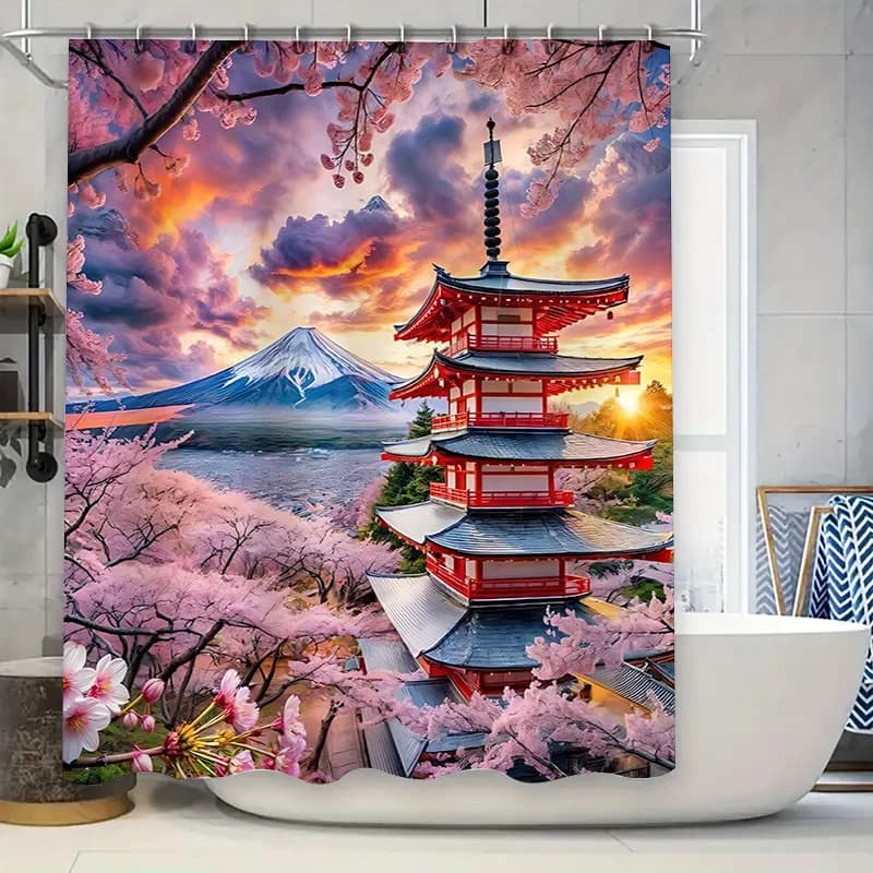 Tenda da doccia in stile giapponese Bellissimo fiore di ciliegio e supporto modello Fuji Tenda da bagno impermeabile e anti-muffa