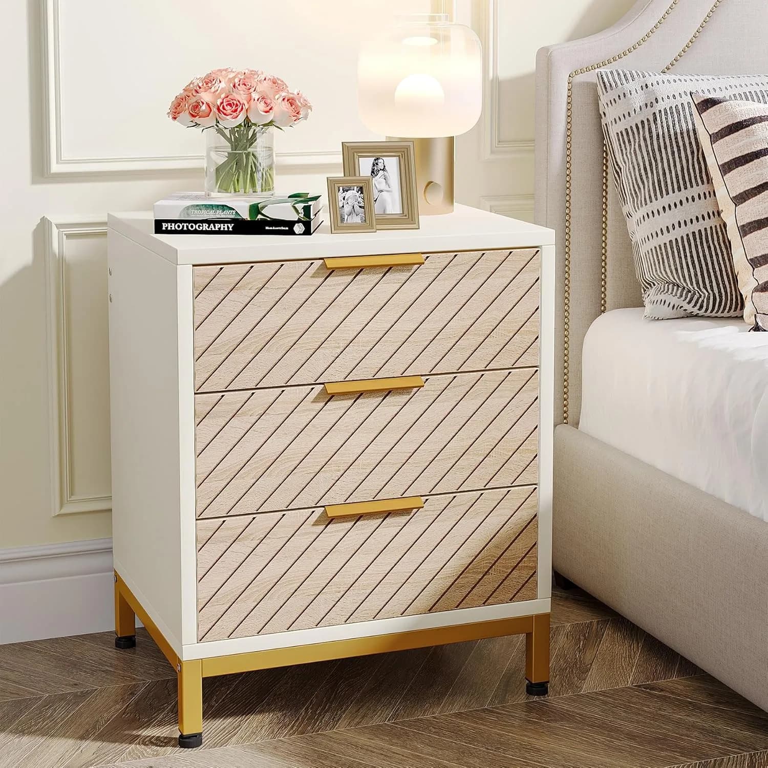 LITTLE TREE Comodini per camere da letto, comodini a 3 cassetti con venature del legno chiaro bianco e oro con contenitore