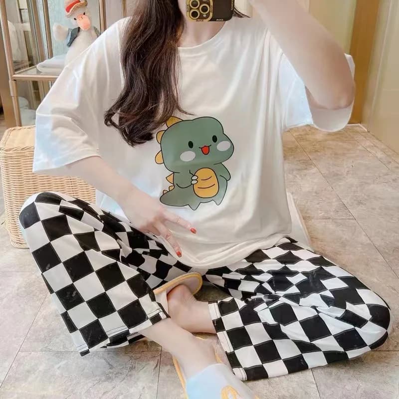 Pijama Set Women's Short Sleeves Long pants Pijama Two-piece Girocollo Pullover Scottish pants Easy to clean Boy