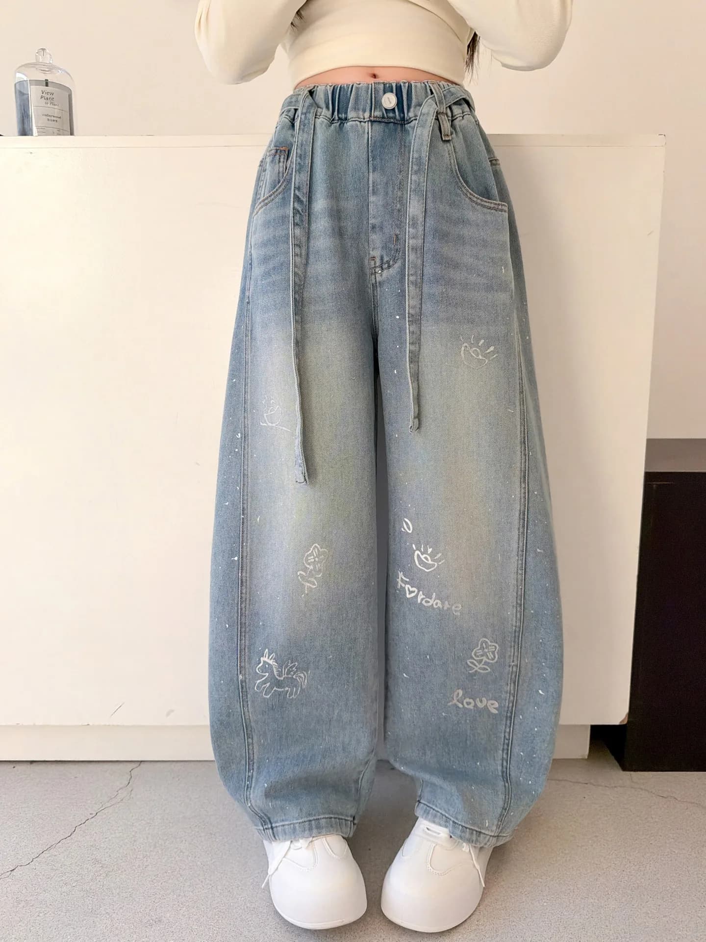 Jeans Primaverili alla Moda per Ragazze, Pantaloni Casual a Gamba Larga, Abbigliamento Esterno per Ragazze, Pantaloni Comodi a Gamba Dritta per Primavera e Autunno